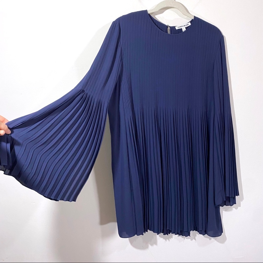 Elizabeth And James Violetta Pleated Georgette Long Sleeve Mini Dress Navy Large